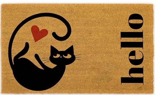 COCONIQ Coir Door Mats 43x76 cm, Non-Slip Sturdy, PVC Backed Heavy Duty, Easy to Clean, Ideal for Door Entrance, Patio, Porch, Backyard, Garages, Love of Cats, A Hello