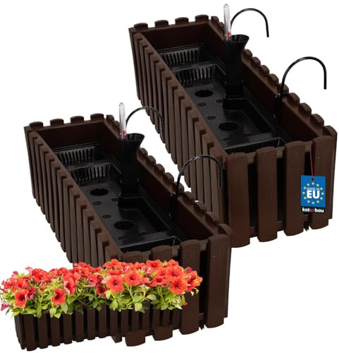 KOTARBAU® Blumenkasten Balkon 58x18x16cm, Balkonkasten mit Wasserspeicher | Blumenkasten für Balkongeländer, Balkonkasten mit Halterung, Pflanzkübel rechteckig, Selbstbewässernd, PVC, Braun, 2er Set