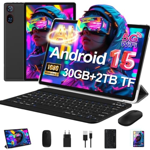 DMOAO Tablet 10 Zoll Android 15 mit Tastatur, Gemini AI, 30GB RAM + 64GB ROM (2TB Erweiterung), 5G WLAN, Widevine L1, Octa-Core, GPS, Face ID, FHD IPS, 6000mAh, USB, Schwarz