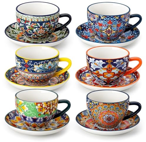 vancasso SIMI Tasses à Café avec Soucoupes - 240ml - Service à Café pour 6 Personnes - Porcelaine pour Expresso, Cappuccino - Style Bohème - Passe au Micro-Ondes
