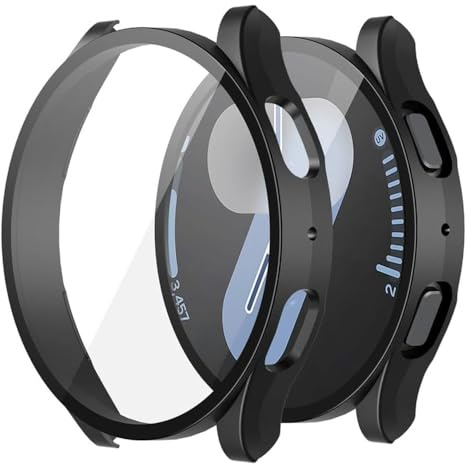 Techsuit für Samsung Galaxy Watch7 44mm Hülle und Displayschutz mit Gehärtetem Glas, HD Klarheit, Volle Abdeckung, Kratzschutz, Schlankes Design, Defense360 Pro, Schwarz