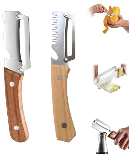 Multifunctional Vegetable Peeler & Wooden Peeler with Zero Snag Design, Stainless Steel Potato Peeler, Julienne Slicer, Fish Scaler and Bottle Opener Ergonomic Kitchen Tool, 2Pc (C)
