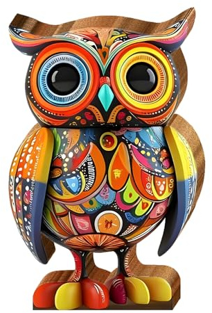 Eule Deko Holz, 2D Flache Holzfigur Bunt Eulen im Bohème-Design, Kreativität Holzskulptur für Schlafzimmer Wohnzimmer Bücherregal, Glücksbringer Deko Figuren Geschenk für Eulenliebhaber Vogelliebhaber
