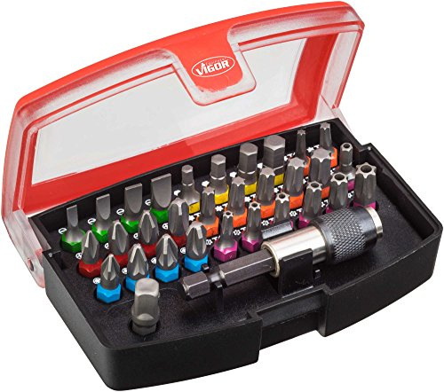 VIGOR Bit Box, V5019, 1/4″, Schlitz Profil, Innensechskant Profil | Antrieb 1/4 Zoll (6,3 mm) Sechskant massiv, 268 g, Schraubendreher-Einsatz (Bit) DIN / ISO, Antrieb: 1/4″, Adapter V2452N