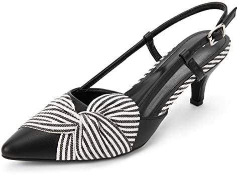Greatonu Women Shoes Black Striped Bow Tie Kitten Heels Slingback Pointed Toe Dress Pumps Court Shoes Size 6 UK