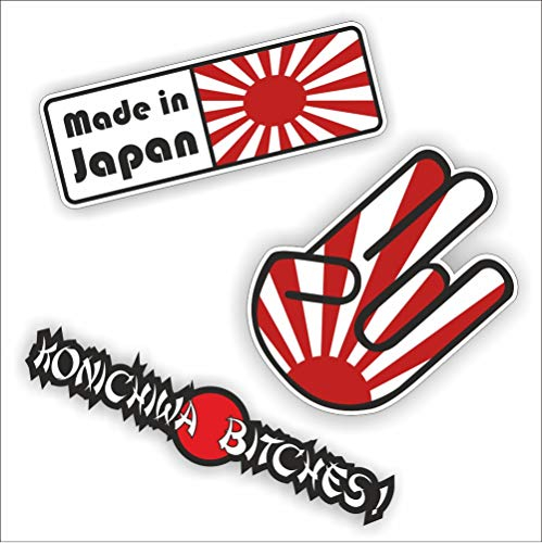 Folien-Zentrum - 3 Aufkleber Set - Made in Japan 15x5cm - Hand 9x13cm - Konichiwa 17,5x3,5cm - hochwertiger Aufkleber Auto Tuning - OEM & JDM Autosticker - Lustige Sprüche für Car - Stickerbomb