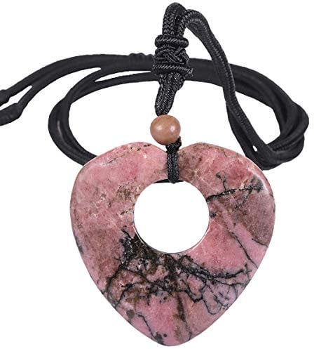 Nupuyai Healing Crystal Heart Pendant Necklace for Women, Natural Polished Stone Pendant with Adjustable Cord, 70cm Rhodonite