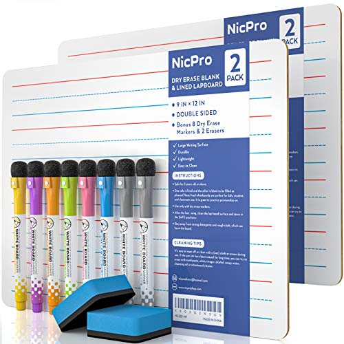 Nicpro 2 Stück Whiteboard Klein A4, Doppelseitiges Desktop Schreibtafel Liniert mit 8 Bunte Stifte, Schwamm, Tragbares Mini Whiteboard für Kinder, Schüler, Schulmaterial, Lernen(22 x 30 cm)
