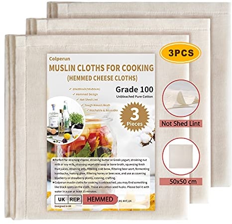 Colperun Cheesecloth, 3PCS, Grade 100, 50x50cm Hemmed Muslin Cloths for Cooking Reusable Cheese Cloths for Straining, Unbleached Cotton Cheese Cloth Muslin Fabric Strainer for Jam, Butter, Juicing
