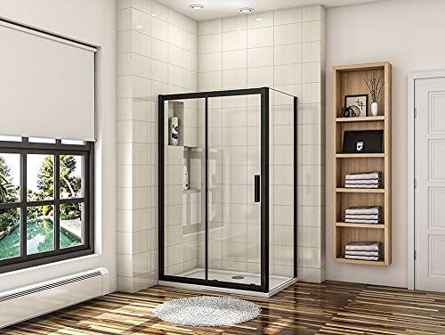 Acezanble 1200mm Sliding Shower Door Black Frame Shower Enclosures,800mm Side Panel,with 1200x800mm Stone Tray Waste Trap