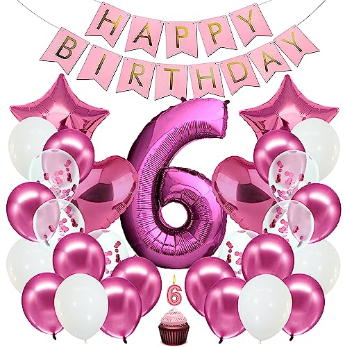 envami® Geburtstagsdeko Mädchen Pink Zahl 6. Happy Birthday Deko Geburtstag Mädchen Folienballon 6 Luftballon 6. Geburtstag Kindergeburtstag Deko 6.