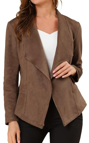 Allegra K Giacca da donna Moto in finta pelle scamosciata leggera aperta sul davanti con risvolto drappeggiato Outwear Cardigan, Marrone chiaro, 44