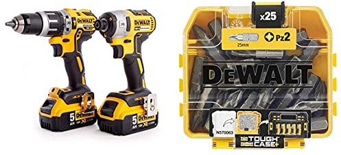 DEWALT DCK266P2T-GB XR Combi Drill and Impact Driver Brushless Kit in TSTAK Box, 1 W, 18 V, Yellow/Black & DT71521-QZ DT71521-QZ-Juego 25 puntas Pz2 de, Yellow/Black, 25 mm, Set of 25 Pieces