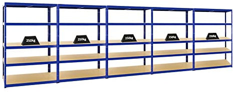 PROREGAL Mega Deal 5er-Set Schwerlastregale Big Elephant 180x120x60cm mit 5 Ebenen Fachlast 250kg Blau