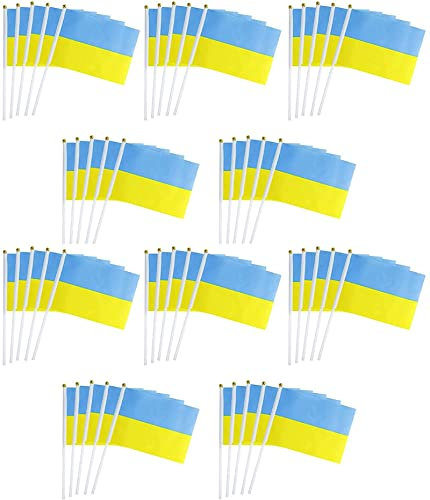 Youning Ukraine Fahne Stockfahne, Ukrainische Flagge mit Fahnenstange, Jede Flagge 14 * 21 cm, Kleine Ukraine Flagge Party Anfeuern Fahnen/Fähnchen Wetterfest Ukrainische Nationalflaggen (100PCS)