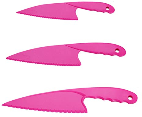 Cheeroyal Ensemble de 3 couteaux de cuisine en plastique, couteaux de cuisine en nylon colorés sûrs pour enfants, pour salades de laitue, gâteaux ou fruits (rose red)