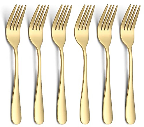 Evanda 14cm Tenedores de Postre Dorados 6 piezas, Juego de Tenedores de Pastelería de Acero Inoxidable, Mini Tenedores de Pastel, Tenedores de Aperitivo para Casa, Boda, Fiesta, Cafetería