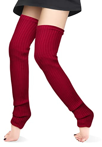 KINBOM Jambières Femme Haute, Extra Long Cuissardes Hiver Tricot Côtelé Chaussettes Sans Pied Allongées Épaisses Chauffe Jambes pour Filles Femmes (Rouge Foncé)