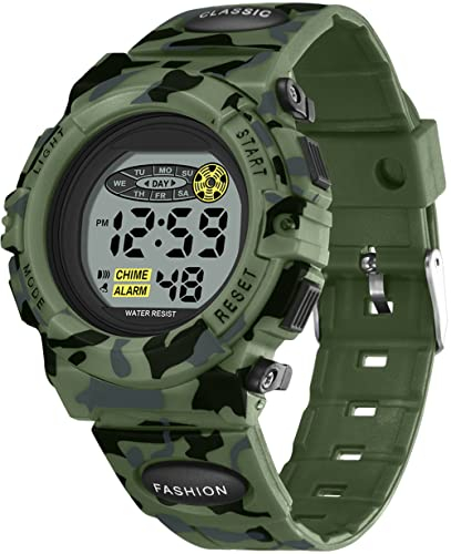 Digital Kinder Uhren für Jugendliche Jungen,Militär Armbanduhr Jungen Digitaluhr mit Wecker Datum Stoppuhr Stunden Signal 12/24H,Wasserdicht Kinderuhr Camouflage Cool(Grün)