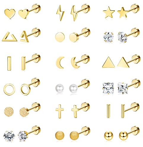 Kakonia 18 Paar Ohrstecker aus chirurgischem Edelstahl für Damen Herren 20G Knorpelohrringe Ohrstecker Kreuz Mond Stern Kleine Ohrstecker Schwarzgold Ohrringe mit flacher Rückseite Gold