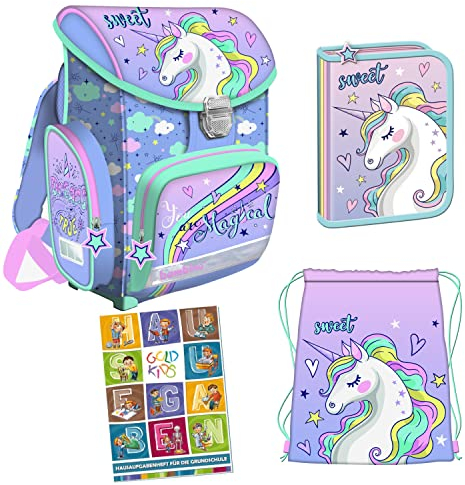 Goldkids Pastel Unicorn Einhorn 4er Set Schulranzen Ranzen Tornister Federmappe Turnbeutel Turnsack Aufgabenheft für die Grundschule. Geeignet ab der ersten Klasse
