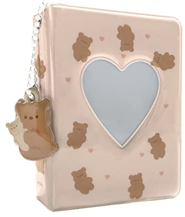 3 Zoll Mini Fotoalbum, Herz Hohl Karte Binder Fotoalbum Kpop Fotokartenhalter mit Anhänger 40 Taschen (Beige Bär)