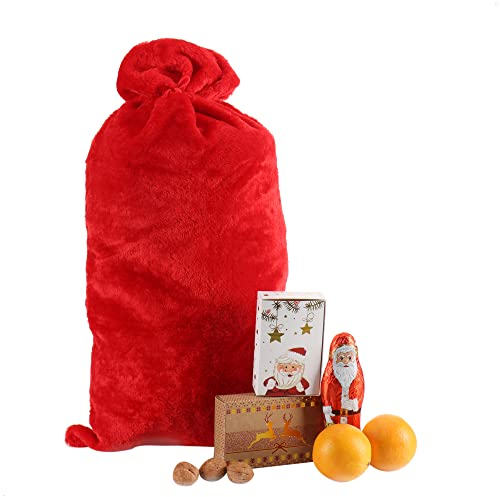 com-four® Edler XL Weihnachtssack aus Plüsch mit roter Kordel - Geschenksack für Weihnachtsgeschenke - Zubehör für Weihnachtsmannkostüm - Weihnachts-Dekoration