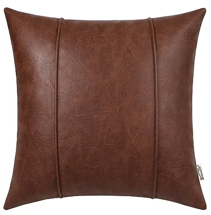 BRAWARM Dunkelbraune Leder-Kissenbezüge, 40,6 x 40,6 cm, Kunstleder-Kissenbezug mit Paspel, handgenähtes Leder-Kissen für Couch, Sofa, Bett, Wohnzimmer, Heimdekoration, 40,6 x 40,6 cm