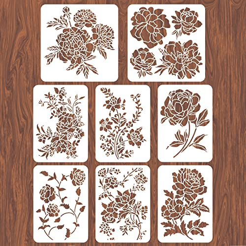 INFUNLY 8pcs Pfingstrose Wand Schablonen für Malerei 11.7x8.3 Fliesen Schablonen Set wiederverwendbare Kunststoff Wand Schablonen Vorlage für Malerei auf Holz Möbel Fliesen Stoff DIY Zuhause Dekor