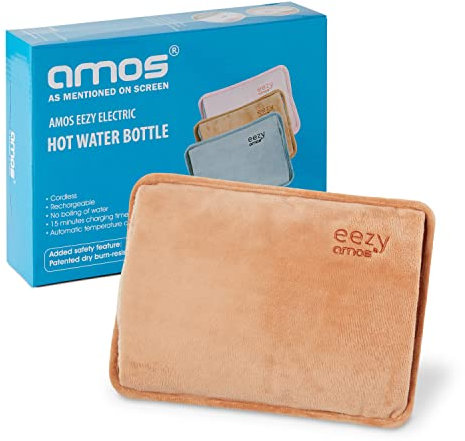 AMOS Eezy Rechargeable Electric Hot Water Bottle Bed Warmer with Hand Heat Pad Glove Pain Relief, Coffee
