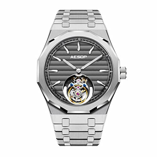 Aesop Herren Tourbillon Uhren Tourbillon Handaufzug Herrenarmbanduhren Leuchtendes Saphirglas Wasserdicht Luxus Business Uhr für Herren 7057(Grau-Edelstahlband)