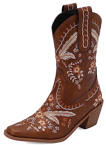 Carkuolary Damen Western Cowboy Arbeit Stiefel with Embroidered Mode Retro Klassischer Tall Boot für Frauen Mädchen Damen Braun Große 39