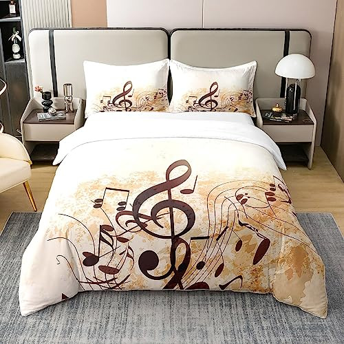 Homewish Musiknoten Baumwolle Bettbezug 155x220 Retro Rotierende Musik | für Kid Erwachsene Rockmusik Grunge Stil Bettwäsche Set Braun Tie Dye Quilt Cover mit Reißverschluss Verschluss