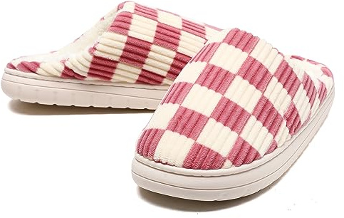 Waysoland House Fuzzy Memory Foam Checkered Slippers - Slip On Anti-Skid Sole Bedroom Cloud Sippers with Fur Lining (Pink, 3/4 UK)