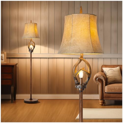 Lampadaire rustique en bois de bois de ferme avec veilleuse, abat-jour cloche en similicuir finition marron, grande lampe sur pied industrielle décorative pour salon, chambre à coucher, hôtel, bureau