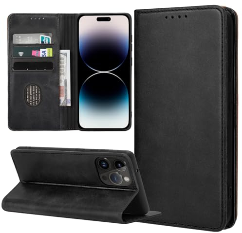 ZYIMOU Handyhülle für iPhone 14 Pro Hülle, Leder Schutzhülle Standfunktion Kartenfach Wallet Klapphülle iPhone 14 Pro Flip Case Cover, Schwarz