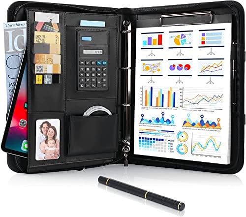 2PCS Schreibmappe A4, Konferenzmappe Leder, Dokumentenmappe mit Reißverschluss, Wasserdicht Aktenmappe mit Ringbuch Klemmbrett Notizblock, Portfolio Padfolio Mappe für Business Meeting, Schwarz