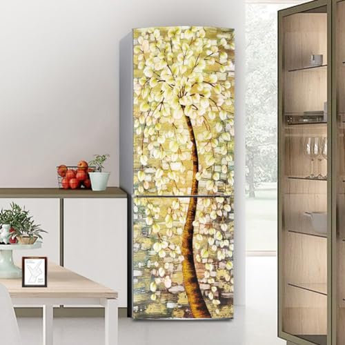 Fridge Wraps Kitchen Fridge Stickers Cover Full Doors, Fridge Sticker Full Covering Door Fridge Covers Decor, Freezer Skins Wall Stickers for Kitchen Decal, Golden Leaves Tree