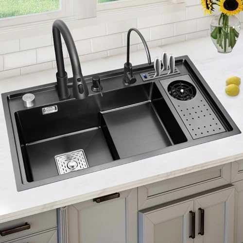 Kitchen Sink 304 Stainless Steel Black Nano Drop-In Or Undermount Single Bowl Workstation Sink With High Pressure Cup Washer Pull-Out Faucet Knife Holder