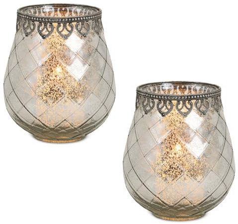 Vintage Kerzengläser Windlichter silber - 2 Moderne Windlichtgläser in 18 cm als Kerzenständer Laterne Teelichthalter - Boho Kerzenhalter Teelichtglas als Hochzeit Tisch-Deko Balkon Garten Deko