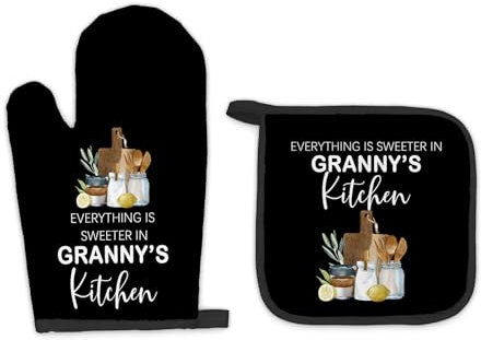 FIicy Oma-Geschenke, schwarze Ofenhandschuhe und Topflappen-Sets, Geschenke für Oma von Enkelkindern, Küchenzubehör-Sets, süßer in Omas Küche, hitzebeständig, Topflappen für Küche und Backen