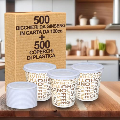G.M. DISTRIBUZIONE 500 Bicchieri per Ginseng da 120ml con Coperchio in Plastica Piano senza Foro, Bicchieri e Coperchi Usa e Getta, Ideale per Bar e Caffetterie, Asporto Bevande Calde