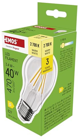 EMOS LED Lampe Edison A60, 3,4W Ersatz für 40W Glühbirne, Vintage-Glühlampe mit E27 Sockel und Helligkeit 470 lm, Warmweiß 2700 K, 25000 Stunden Lebensdauer, CRI > 80, 360° Abstrahlwinkel