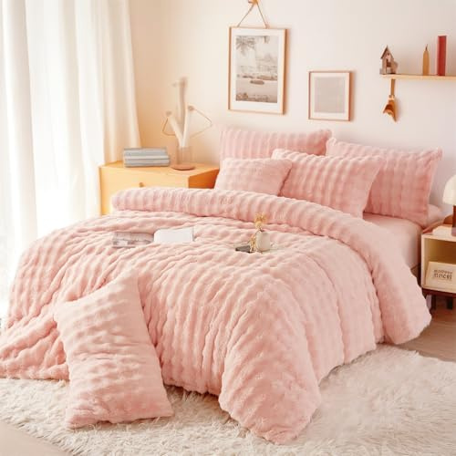 Gezu Housse de Couette Flanelle 240x260cm Rose Hiver Parure de Lit de Velours Fausse Fourrure de Lapin Super Douce Chaude Literie 2 Personnes avec 2 Taies d'oreiller 65x65cm avec Fermeture Éclair