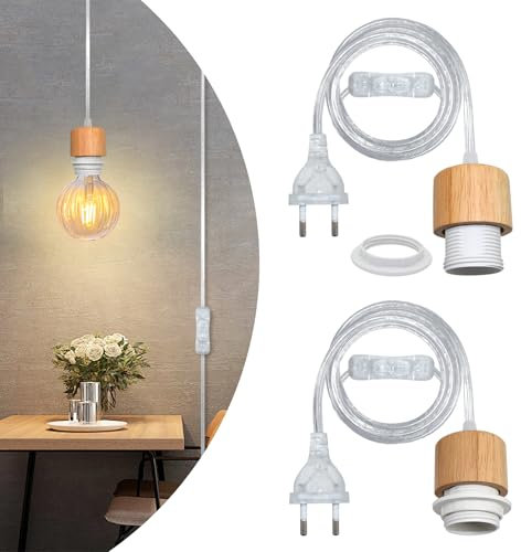 2 Stück Hängelampe mit Stecker, 500CM Transparent Kabel, Lampenfassung E27 mit Kabel und Schalter, Pendelleuchte mit Stecker, Lampenkabel mit Fassung, Hängeleuchte Steckdose, Können DIY Lichtschirm