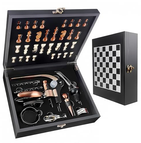 Set di cavatappi da vino con scatola in legno antico, set da sommelier con cavatappi, set di accessori da vino, set di cavatappi con testa di coniglio, anelli salvagoccia (Black Wood1)