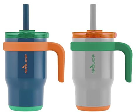 REDUCE Coldee Becher mit Griff für Kinder, 400 ml, auslaufsicherer, isolierter Edelstahlbecher mit Deckel und auslaufsicherem Strohhalm, hält Getränke bis zu 18 Stunden kalt, Grau und Marineblau, 2