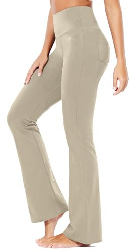 BALEAF Yogahose Damen High Waist Schlaghose Bauchkontrolle Freizeithose Baumwolle Sporthose lang Yoga Pants mit Taschen Regulär/Groß Grau L