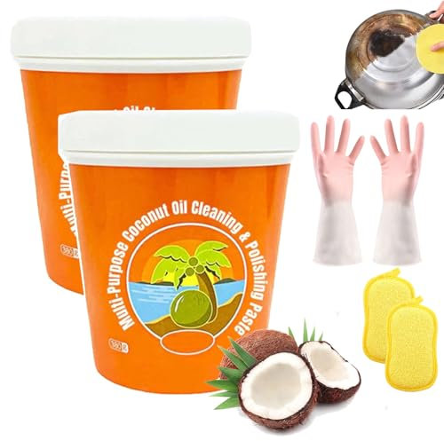 Multi-Purpose Coconut Oil Cleaning & Polishing Paste, Natural Stainless Steel Cookware Cleaner, Coconut Oil Cleaning Paste, Powerful Kitchen All-Purpose Cleaner for Oven,Pot&Stove (380G-2PCS)