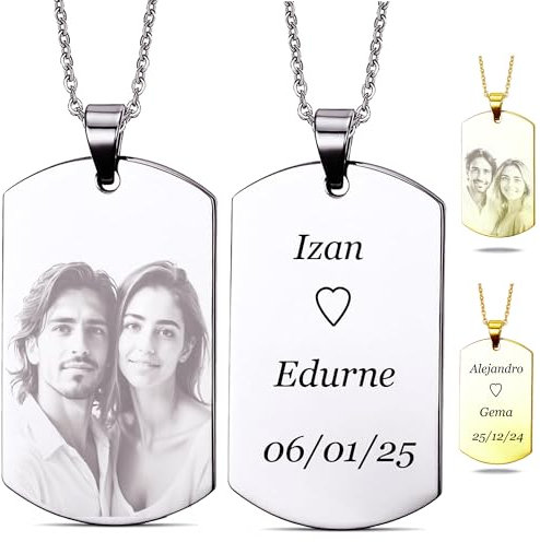 LUTTO Collar con foto, Collar personalizado, Colgante personalizado, Colgante con foto y texto Grabado, Chapas de identificación, Medalla de Acero, Corazón, Pergamino (Rectangular dorado 40 mm)